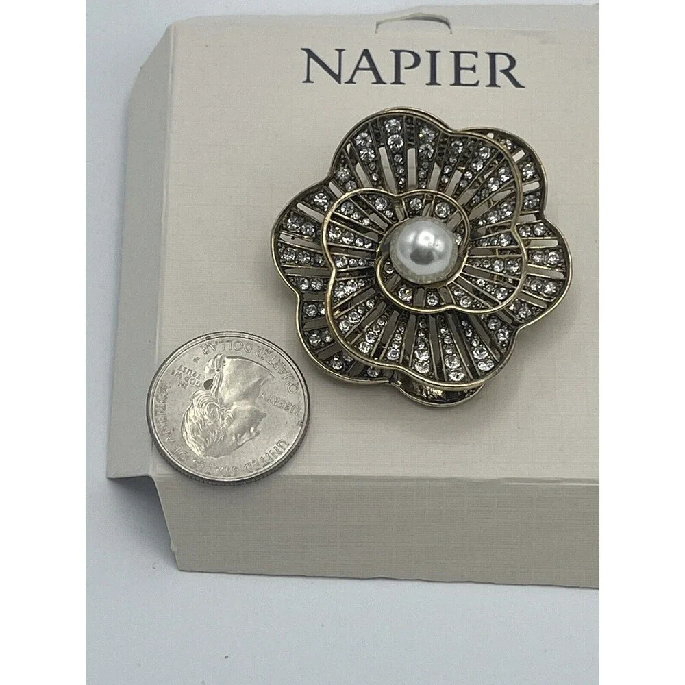 Napier Crystal & Pearl Antique Gold Tone Spiral Flower Brooch New